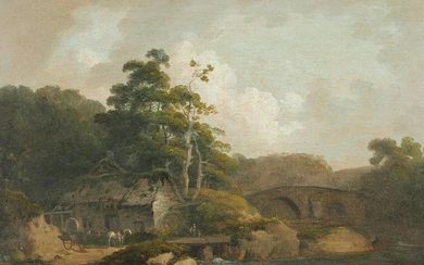 John Rathbone (British 1750-1807), Horse and cart with figures outside a cottage in a river landscape