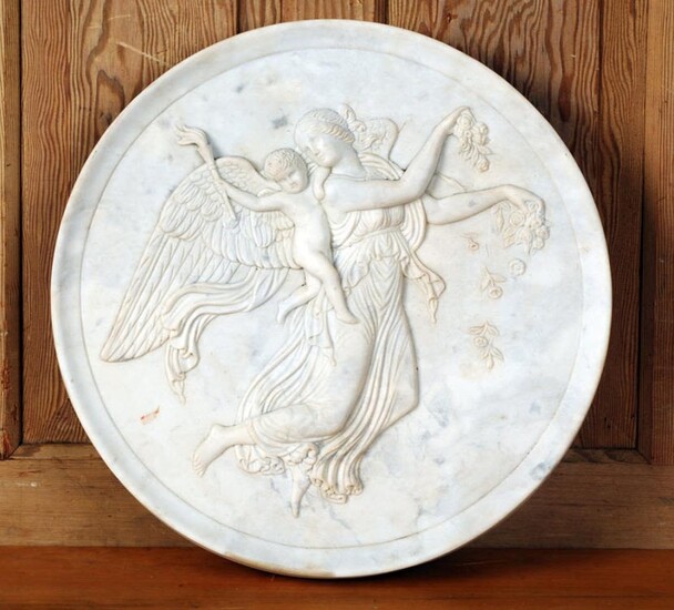 LARGE CARVED MARBLE PLAQUE WITH ANGEL AND CHERUB