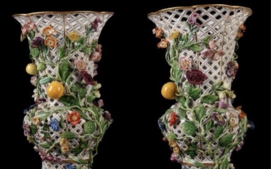 LARGE PAIR of MEISSEN RETICULATED VASES
