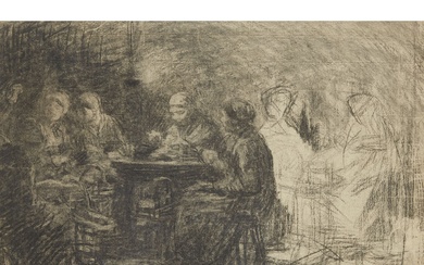 LÉON AUGUSTIN LHERMITTE (1844-1925) LA VEILLÉE Fusain sur papier Porte le cachet de l’atelier (L.3890)...