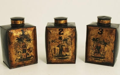 LOT OF 3 ORIENTAL BLACK LACQUERED TOLE TEA CANS