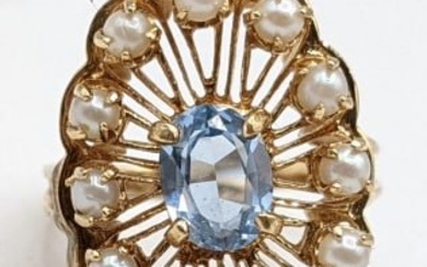 Ladies 14K Yellow Gold Blue Topaz & Pearl Ring