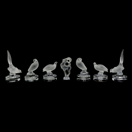 Lalique Set of Six Crystal Bird Form Card Holders and a