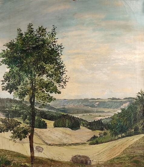 Landscape painter (20th century) "Isar valley near Wolfratshausen", early summer Isar valley with m