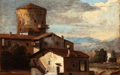Giuseppe Zais (Forno di Canale, 1709 - Treviso, 1781), Landscape with houses, tower, river and figures