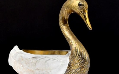 Large Brass & Shell Swan Sculpture, Manner of Binazzi