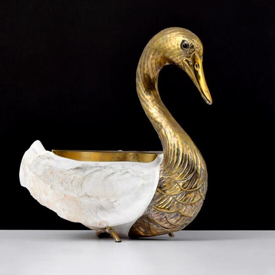 Large Brass & Shell Swan Sculpture, Manner of Binazzi