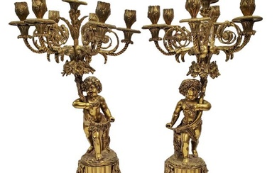 Large Gilt Dore Bronze Cherub Candelabra Pair Antique