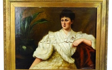 Late 19th / early 20th century, Oil on canvas, A portrait of a seated young lady with a house plant.