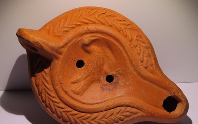 Late Roman/Early Byzantine Terracotta Oil Lamp with bird decoration. 13 cm Large. Intact. very big.