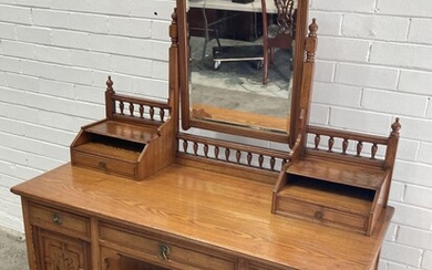 Late Victorian Aesthetic Ash Dressing Table, possibly by W. Walker & Son, with gallery back, open shelves & trinket drawers, above t...