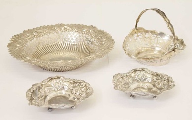 Late Victorian silver dish, pair of bonbon dishes, etc