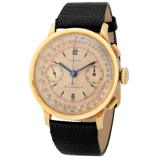 Longines. Very Early and Rare Flyback Chronograph Wristwatch in Yellow Gold, Reference 3770, With Multi-Scale Dial, Original Box, Extract From Archives and Published in the LONGINES LEGENDARY WATCHES Book