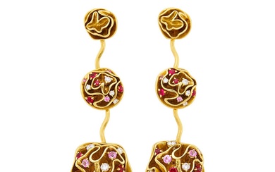 Louis Vuitton Pair of Gold, Diamond and Gem-Set Pendant-Earrings, France