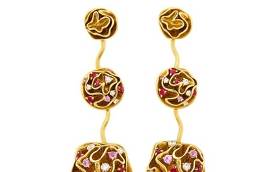 Louis Vuitton Pair of Gold, Diamond and Gem-Set Pendant-Earrings, France