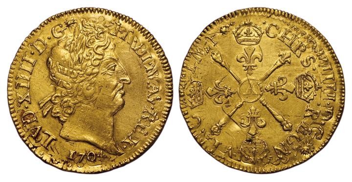 Louis XIV. Double Louis d'or aux Insignes 1704 A. …