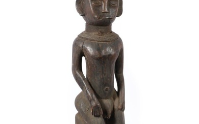 Luba peoples 40 inch African tribal carved wood male ancestor statue figure with jute twist collar.