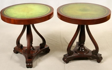MAHOGANY ROUND TOOLED GREEN LEATHER TOP TABLES