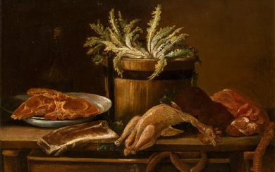MARIANO NANI (1726 / 1806), Naturaleza muerta con pavo, salchichón, futa y vino, 1762 y