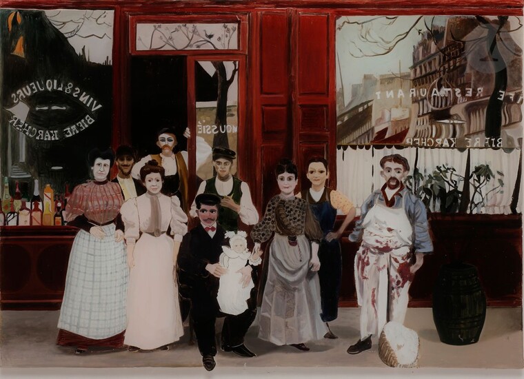MAZOULIE (XXth century)Portrait of a family in front of a café, 1977Oilon glass.Signed and dated lower right.32 x 45 cm