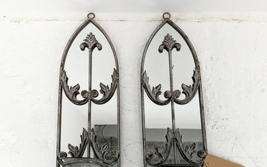 MIRRORED WALL PLANTERS, pair, with lancet arched metal frame...