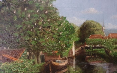 Madeleine Caudel (Franse School 1879-1962) - Dutch landscape with boat on canal, houses an small village