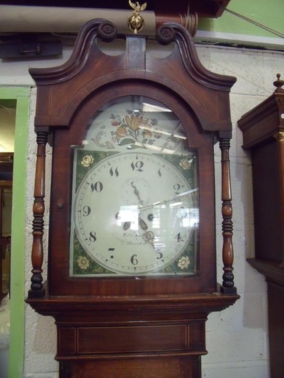 Mahogany and oak cased 8 day long day clock with arched pain...