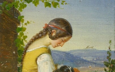 Maler des 19. Jh., Sitzendes Mädchen in rotem Rock mit geschecktem Hund im Arm