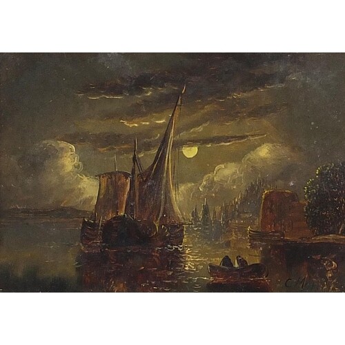 Manner of J M W Turner - Boats on water under a moonlit sky,...