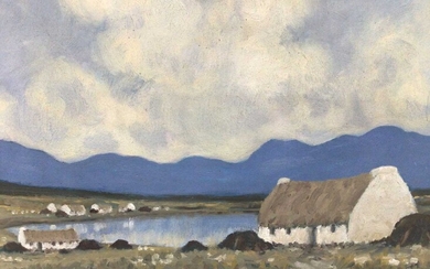 Manner of Paul Henry 1876 - 1958, oil on board, A cottage at Connemara, in painted frame, 24 x 34cm