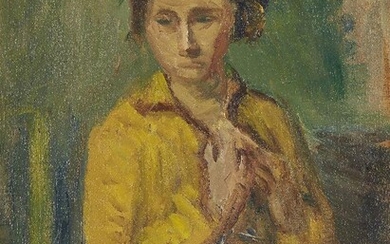 Martin Kaalund-Jorgensen, Danish 1889-1952 - Portrait of Kirsten in a yellow blouse, 1937; oil on canvas, signed and dated lower left 'M. Kaalund 37' and signed on the reverse, 60.5 x 46.3 cm: together with another work by the same artist...