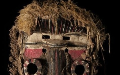 Mask (1) - Cotton, Metal, Nail, Plant fibre, Wood, monkey hair - Guere / N'gere - Côte d'Ivoire