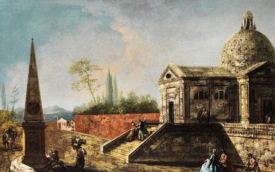Michele Giovanni Marieschi (1696/1710 – 1743 Venedig) und Francesco Guardi (1712 – 1793), CAPRICCIO MIT KIRCHE UND OBELISK