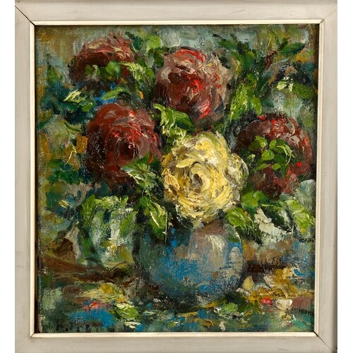 Mid-20th century French School, oil on canvas, bowl of roses...