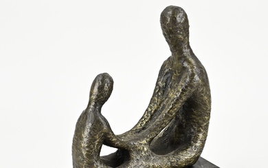 Modern bronze figure. Mother with child, on black marble base. 21st century. Dimensions: 27 x...