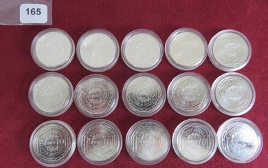 Monnaies Euros - France - Lot de 15 monnaies de 10 Euros Semeuse 2009 en argent (500 000 ex.) toutes SUP à SPL sous capsules