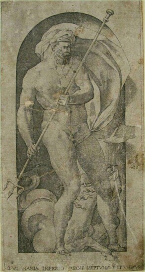 NEPTUNE 1526 engraving on watermarked paper Giovanni J Caraglio after Rosso Fiorentino FR3SH