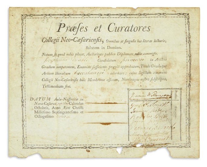 (NEW JERSEY.) Diploma from the Princeton Class of 1783, whose commencement was attended...