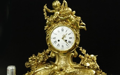 Napoleon III gilt bronze Rococo Revival figural large clock by Raingo Freres.