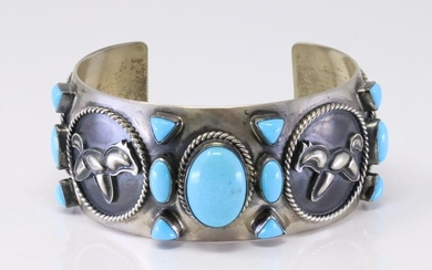 Native America Handmade Navajo Sterling Silver Turquoise Bracelet Horse Cuff By R.B.