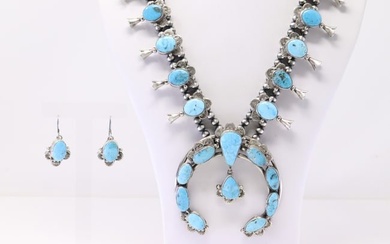 Native American Navajo Sterling Silver Turquoise Squash Blossom Necklace & Earring's Set By Kee.J.