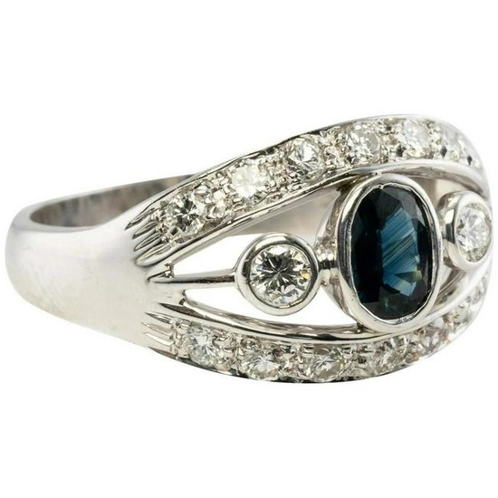 Natural Blue Sapphire Diamond Band Ring 18K White Gold