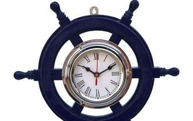 Nautical Wood Chrome Ship's Wheel Clock