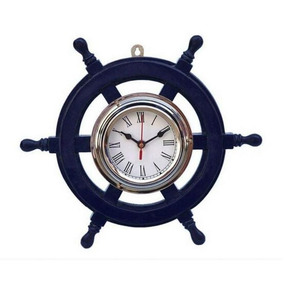Nautical Wood Chrome Ship's Wheel Clock