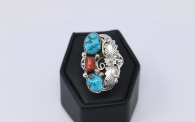 Navajo Handmade Coral And Turquoise Sterling Silver.