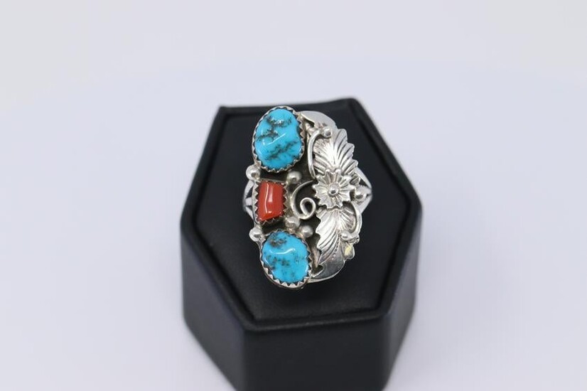Navajo Handmade Coral And Turquoise Sterling Silver.