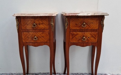 Nightstand (2) - Pair of marquetry Table de Chevet - bedside tables or side tables - Bronze (cold painted), Mahogany, Marble, Satinwood, Bois de Rose