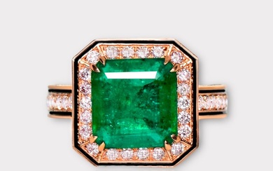 No Reserve- IGI 3.97 ct Natural Intense Bluish Green Emerald and 1.45 ct Pink Diamonds - 18 kt. Pink gold - Ring Emerald