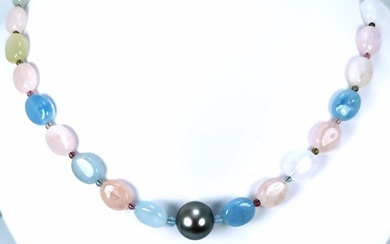 No Reserve Price - Big Tahiti pearl round shape Ø 13.1 mm - precious stones - Necklace Silver Pearl - Beryl