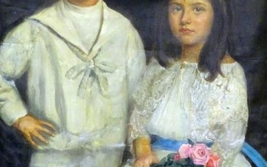 OIL ON CANVAS PORTRAIT YOUNG BOY & GIRL
